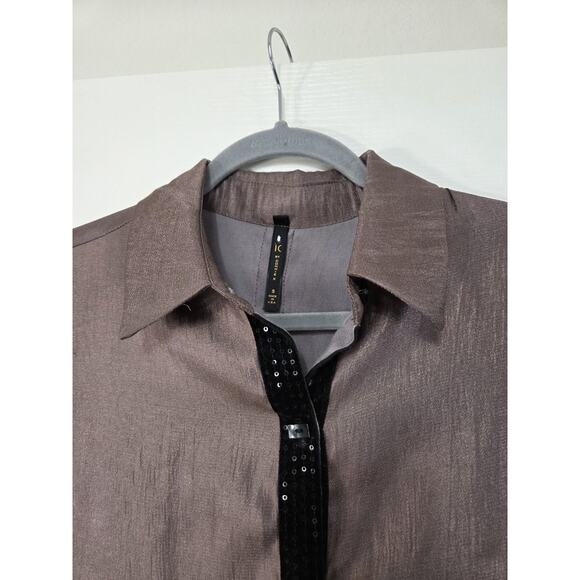 IC By Connie K Elegant Glittery Brown Sequin Trim Asymmetrical Blouse Size Small - Picture 3 of 14
